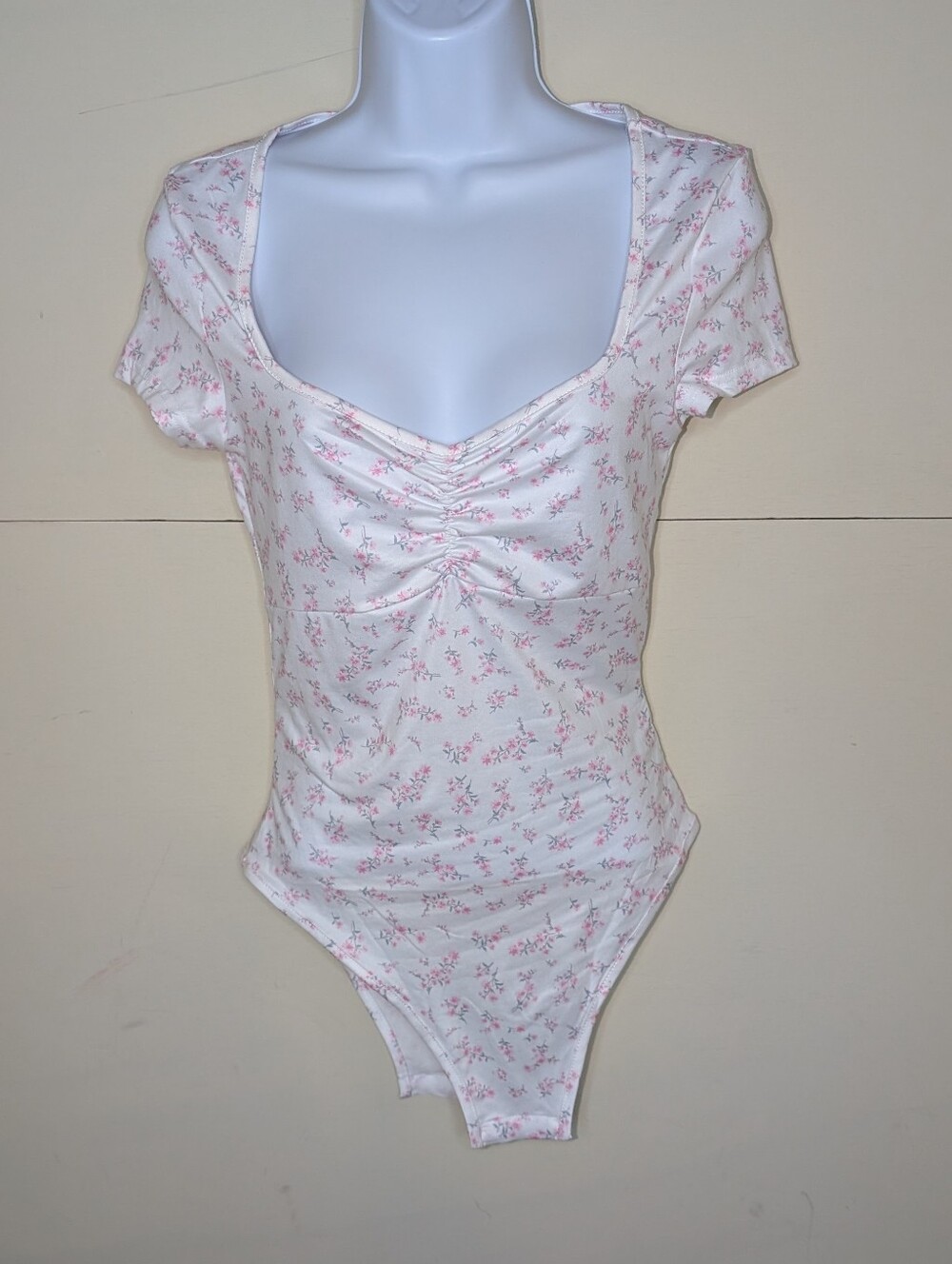 Shein Body Suit Short Sleeves White with Dainty Floral Print